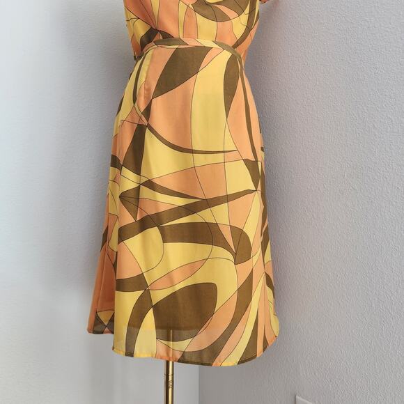 Vintage 70s Borrellini Abstract Cowl Neck Top and Skirt Set Yellow Orange M L - Picture 3 of 10